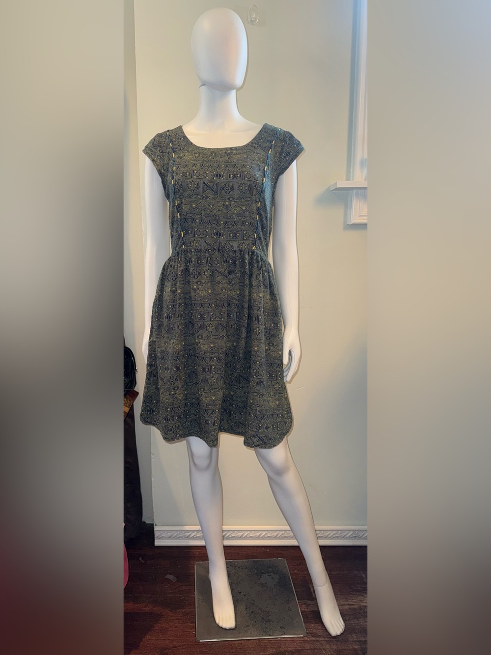 Mata Traders Olive Printed Cap-Sleeve Cotton Mini Dress
